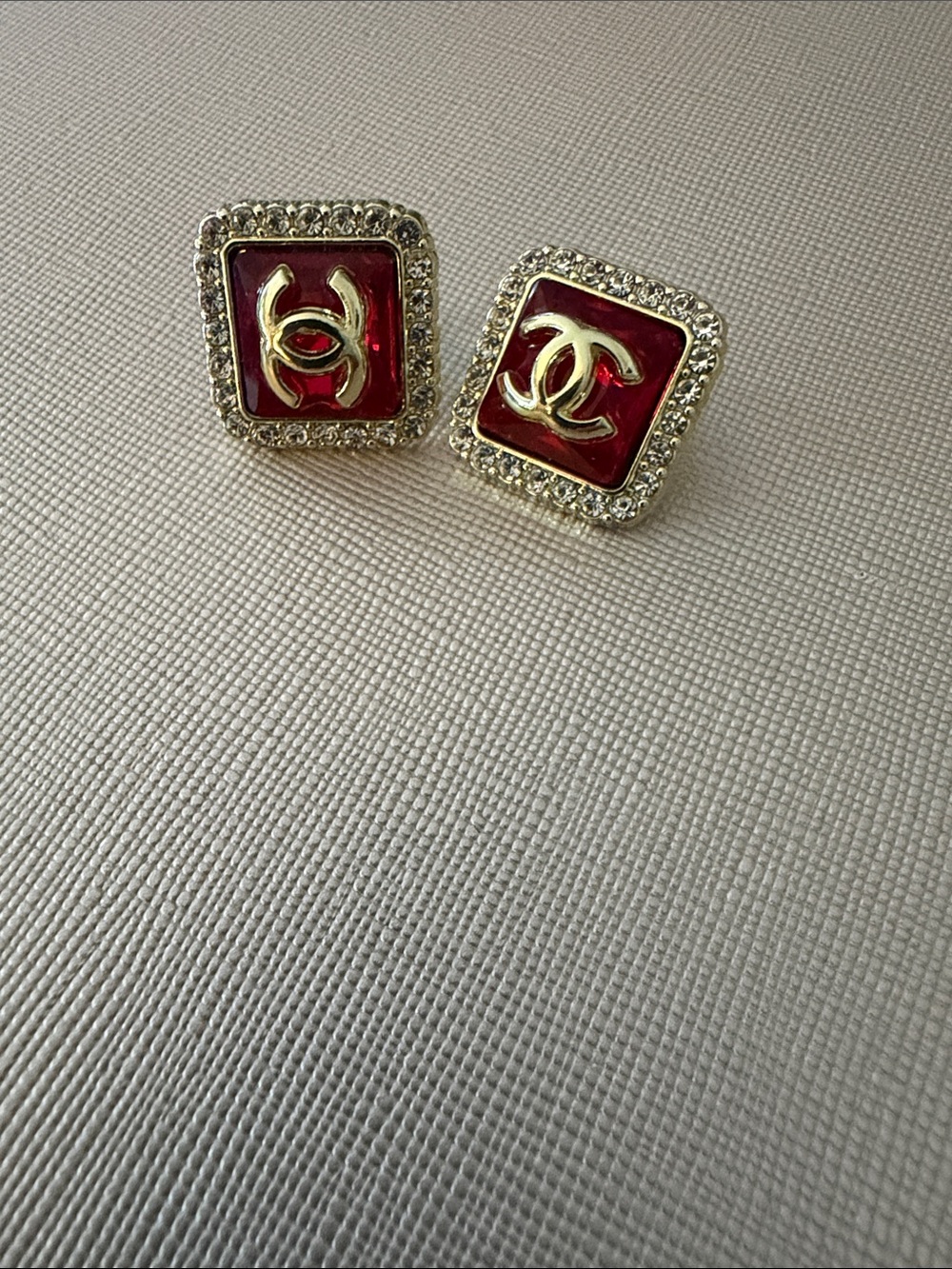 Luxury inspired Red Square CC Logo Crystal Stud Earrings